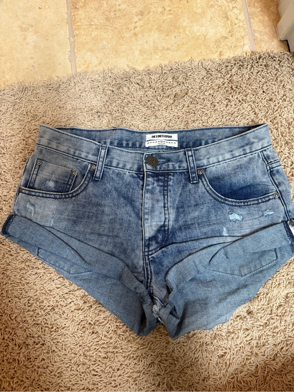 One Teaspoon Light Blue Distressed Denim Roll-Cuff Shorts